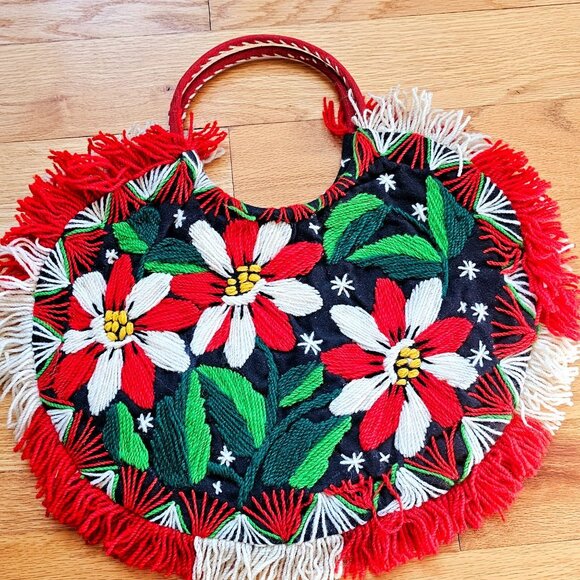 Handcrafted Madeira Portugal Floral Embroidered Crewel Wool Tote Handbag Purse - Picture 2 of 15